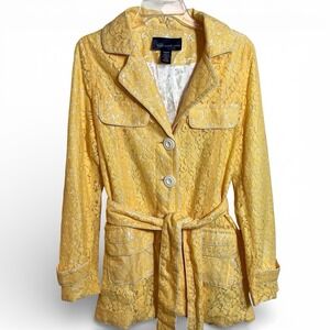 Susan Graver Yellow Lace Trench Coat Jacket Button Lined Medium Boho Spring EUC